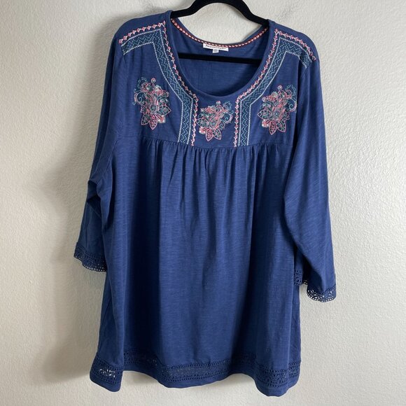 NorthStyle Womens Plus 2X Embroidered Tunic Top Blue 3/4 Sleeve Boho Shirt - Picture 7 of 11